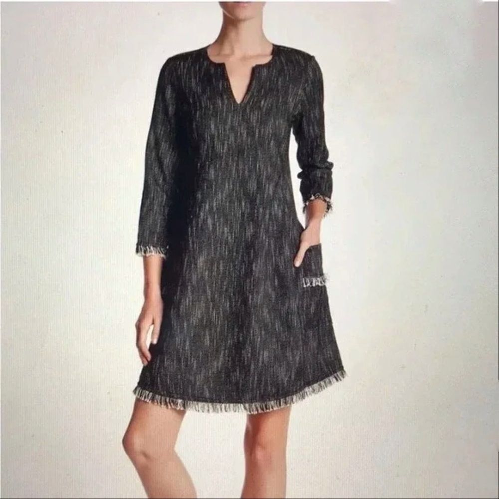 Nanette Lepore Tweed Fringe Hem Pocket Shift Dress Black 6 Boho Lagenlook